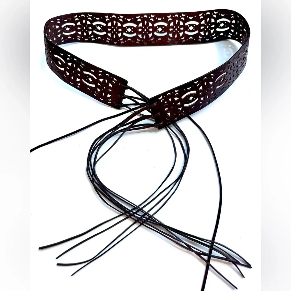 Elegant Leather Cutout Belt, Fringe Ties, Dark Brown
